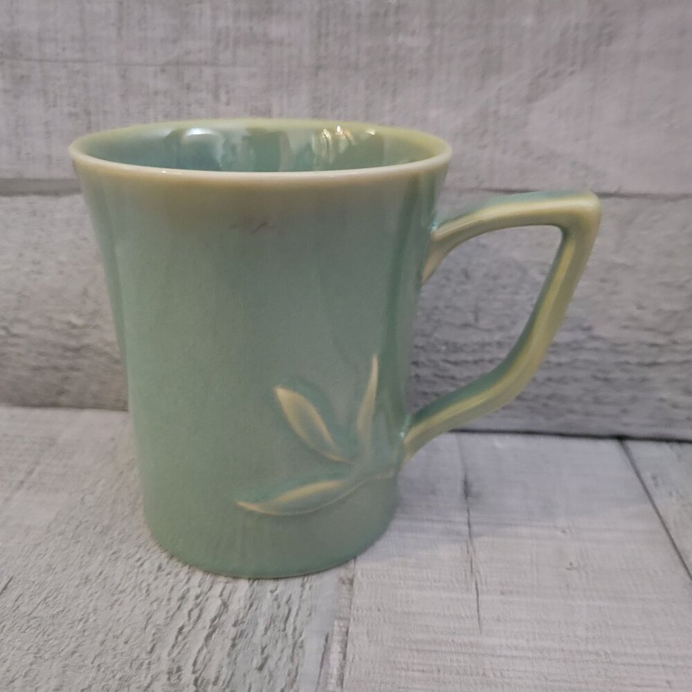 World Market Green Ceramic Coffee Mug Embossed Leaf Design Microwave & Dishwashe